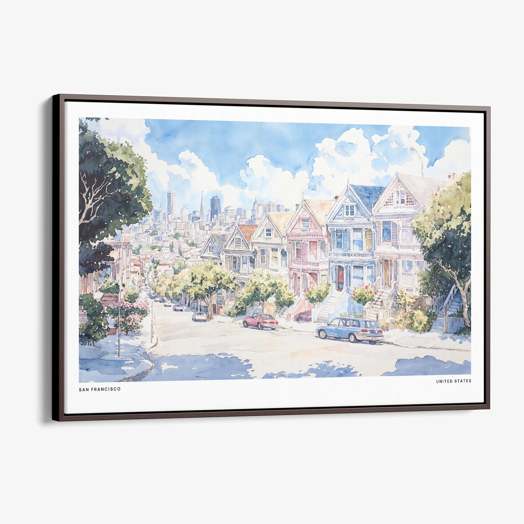 San Francisco Painted Ladies Watercolor Canvas Print – Charming Cityscape Wall Art