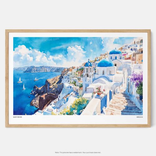 00 - Framed Santorini Blue Dome Church Watercolor Art - Horizontal Art Print - Main.jpg