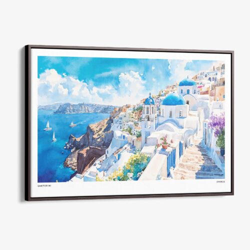 00 - Framed Santorini Blue Dome Church Watercolor Art - Horizontal Canvas Print - Main.jpg