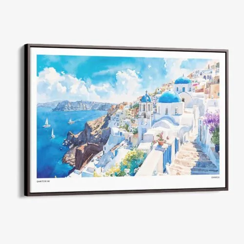 00 - Framed Santorini Blue Dome Church Watercolor Art - Horizontal Canvas Print - Main.jpg