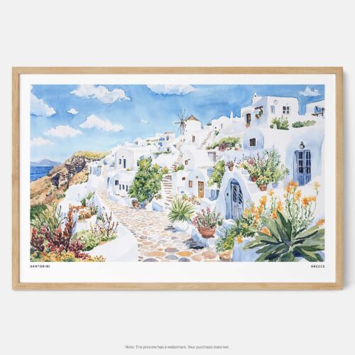 00 - Framed Santorini Watercolor Art - Horizontal Art Print - Main.jpg