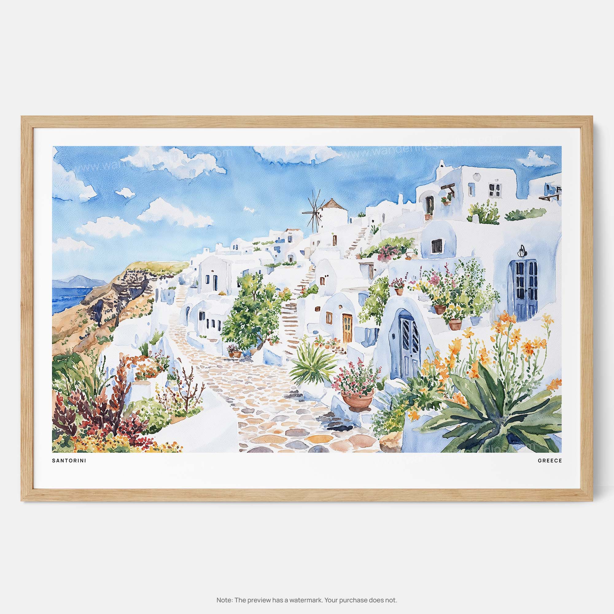 Santorini Watercolor Art Print – Beautiful Greek Island Village Wall Art