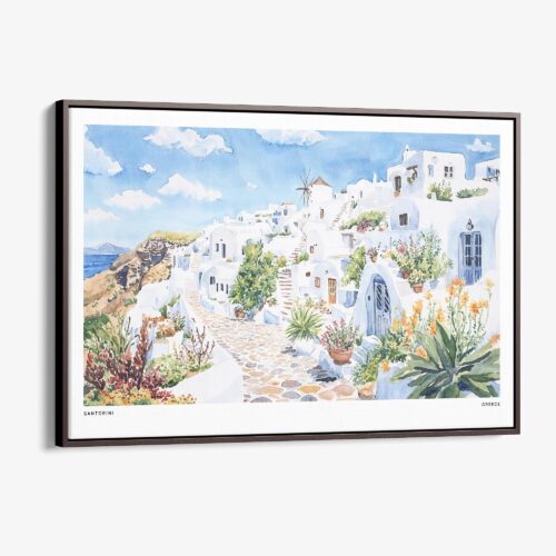 00 - Framed Santorini Watercolor Art - Horizontal Canvas Print - Main.jpg