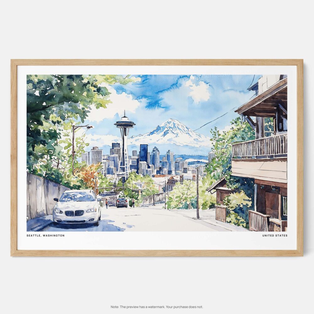 00 - Framed Seattle Skyline Watercolor Art - Horizontal Art Print - Main - Horizontal.jpg