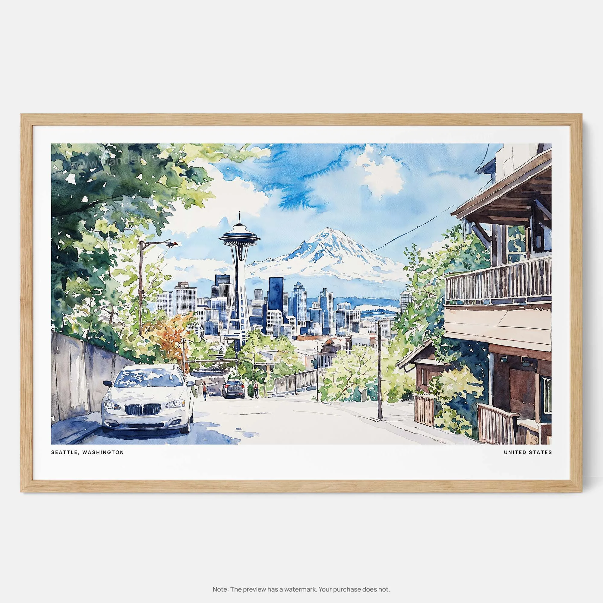 Seattle Skyline Watercolor Art Print – Urban Landscape Wall Decor