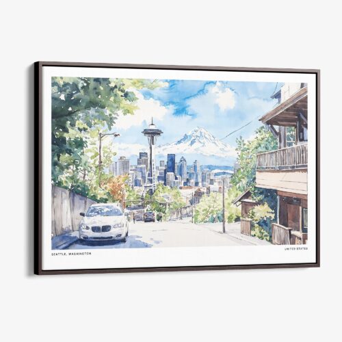 00 - Framed Seattle Skyline Watercolor Art - Horizontal Canvas Print - Main.jpg
