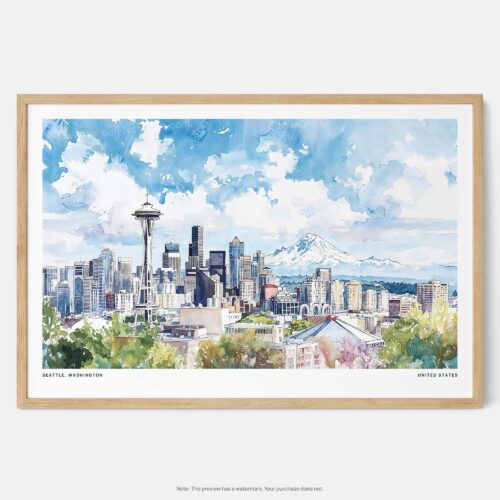 00 - Framed Seattle Skyline with Mount Rainier Watercolor Art - Horizontal Art Print - Main - Horizontal.jpg
