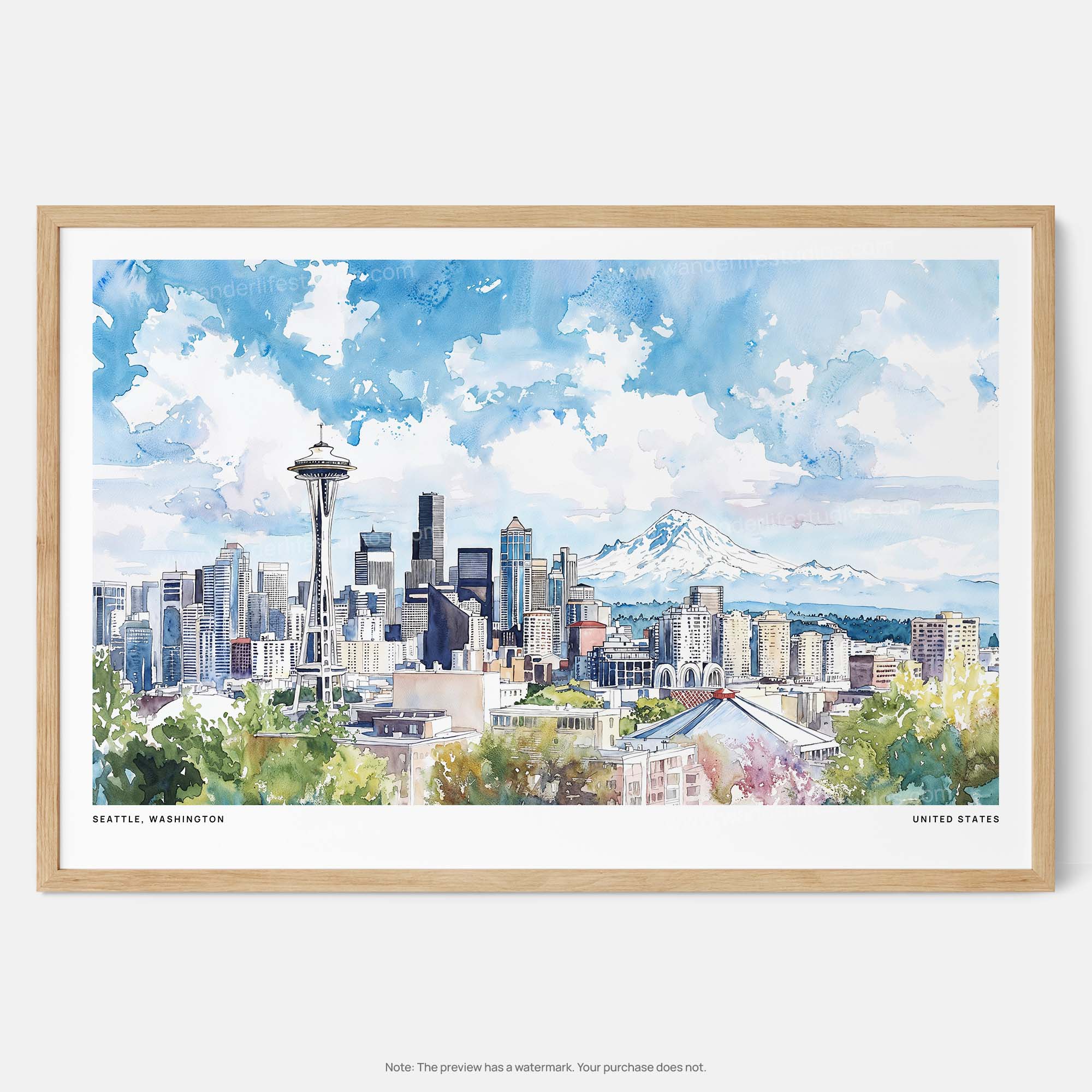 Framed Seattle Skyline Watercolor Art Print with Mount Rainier - Horizontal Wall Art
