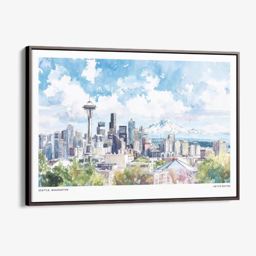 00 - Framed Seattle Skyline with Mount Rainier Watercolor Art - Horizontal Canvas Print - Main.jpg