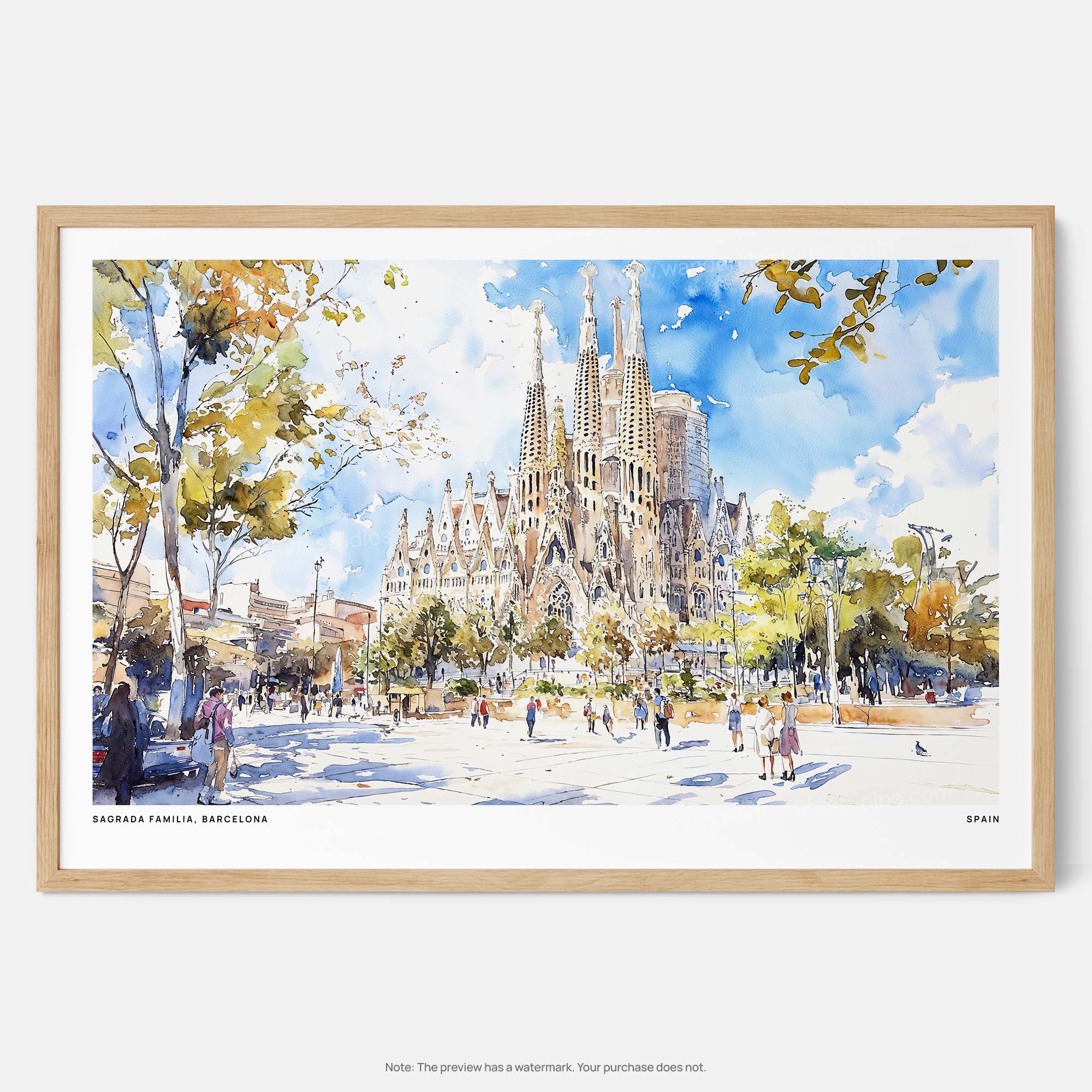 Framed Watercolor Art Print of Sagrada Familia, Barcelona – Spanish Landmark Art