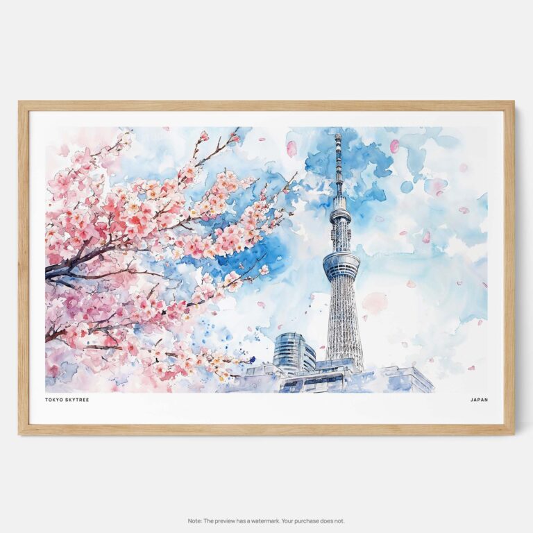 00 - Framed Tokyo Skytree During Sakura Season Watercolor Art - Horizontal Art Print - Main.jpg