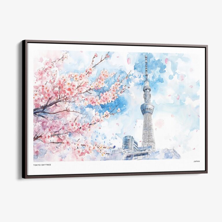 00 - Framed Tokyo Skytree During Sakura Season Watercolor Art - Horizontal Canvas Print - Main.jpg