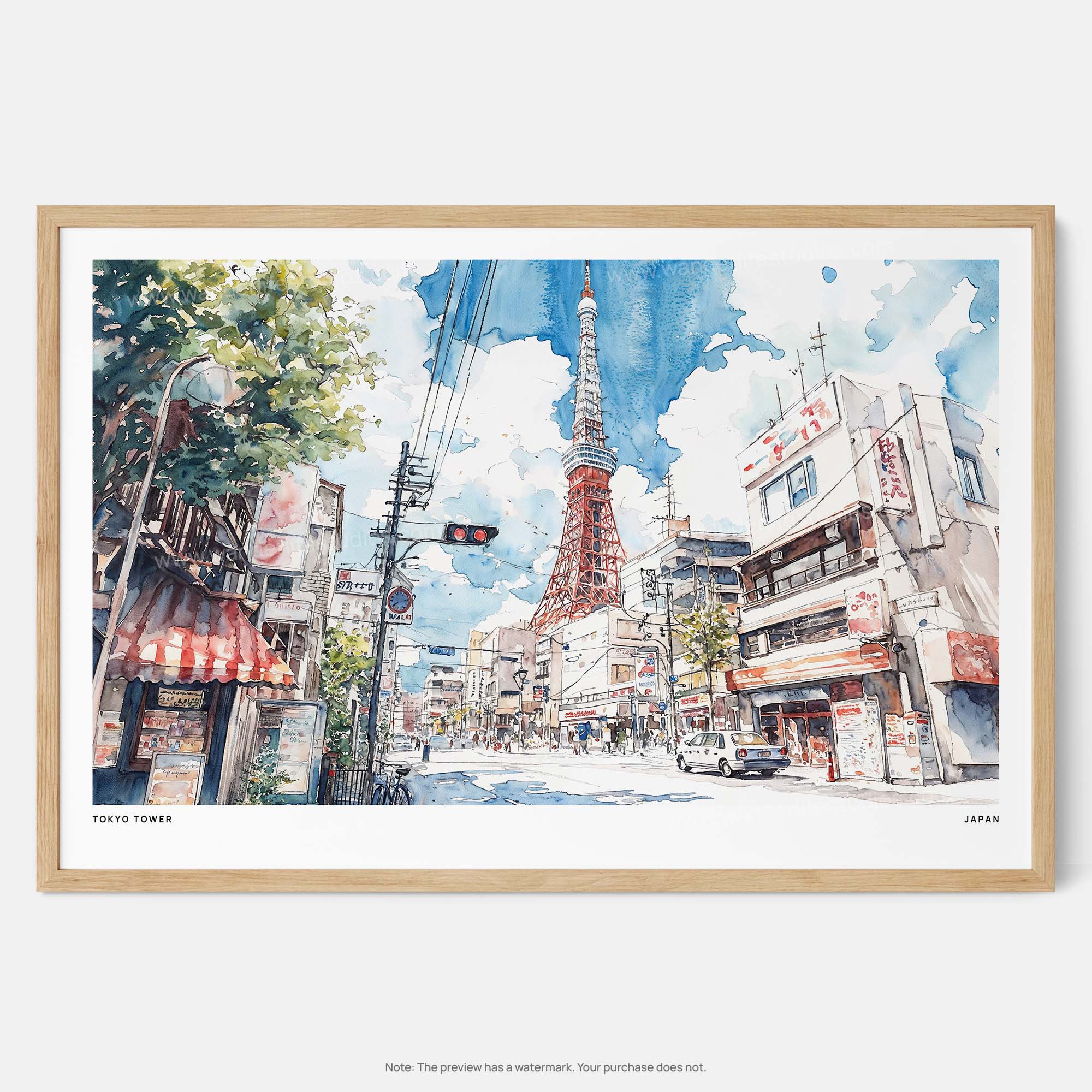 Tokyo Tower Watercolor Art Print – Urban Japanese Landscape Wall Decor