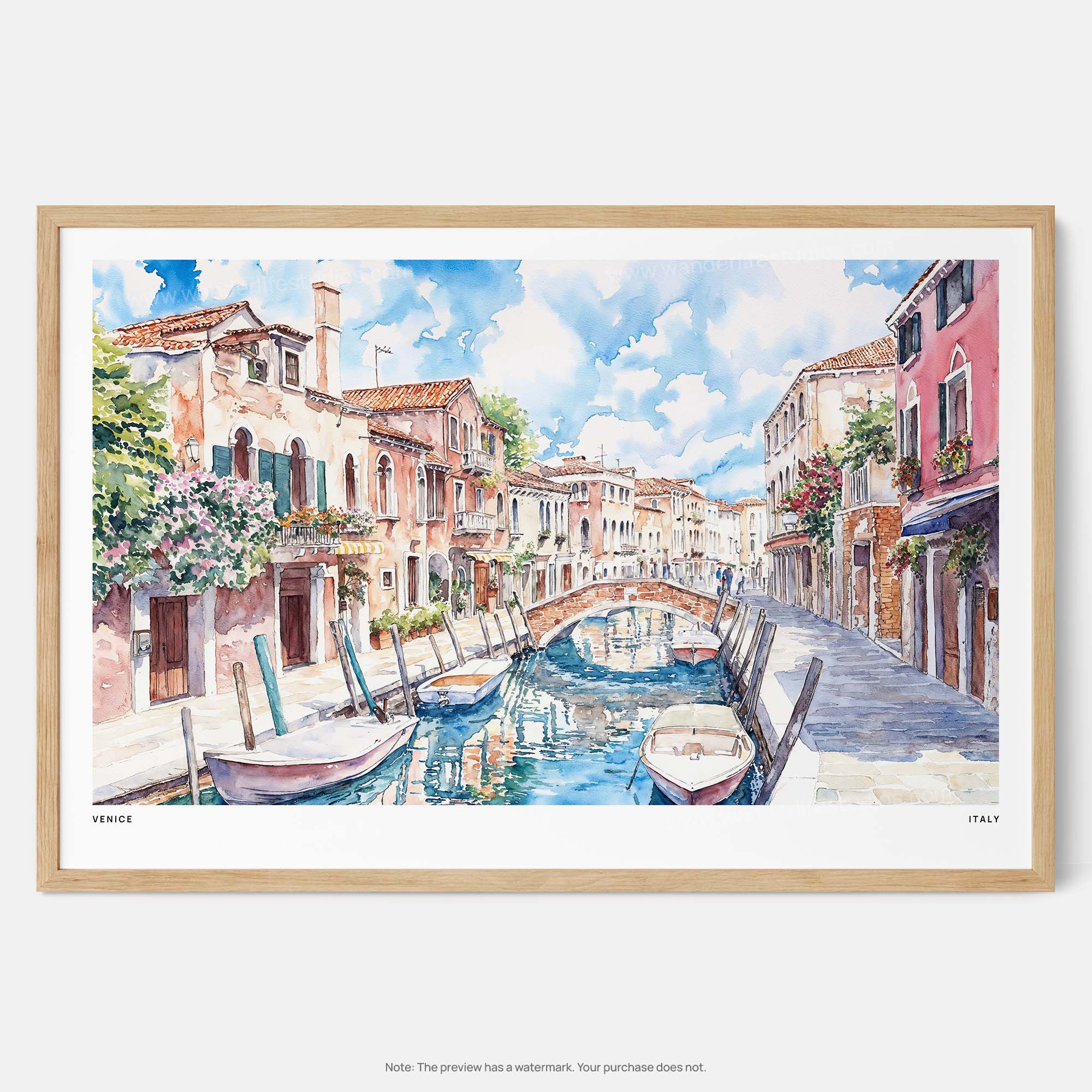 Venice Canals Watercolor Art Print – Charming Italian Landscape Wall Art