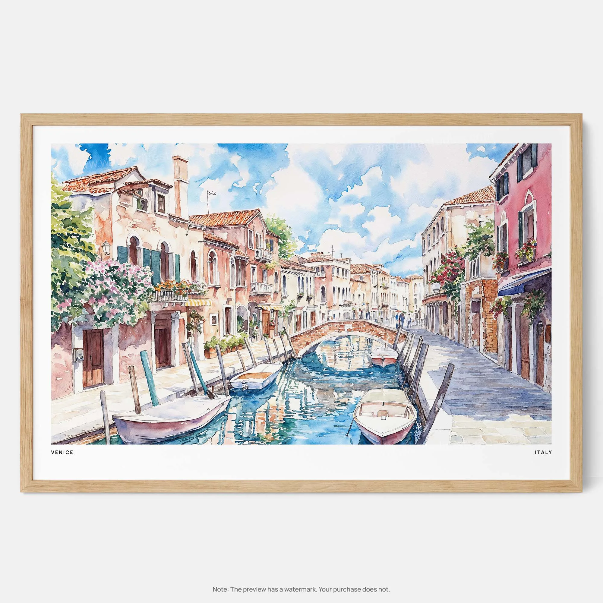 Venice Canals Watercolor Art Print – Charming Italian Landscape Wall Art