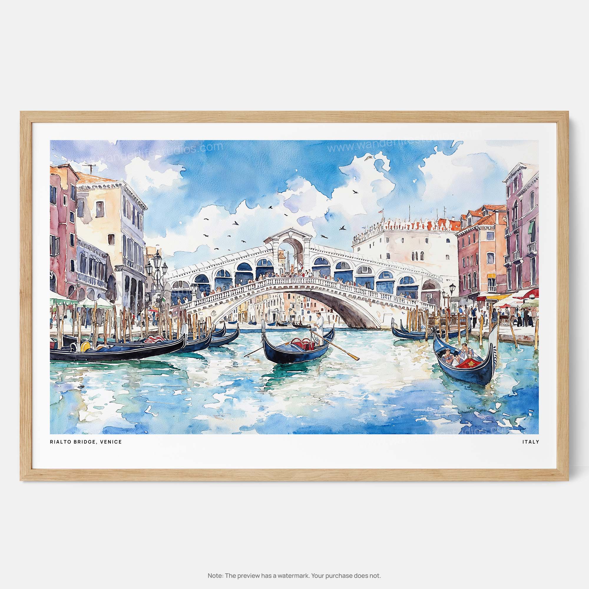 Rialto Bridge Watercolor Art Print – Venetian Canal Scene Wall Art