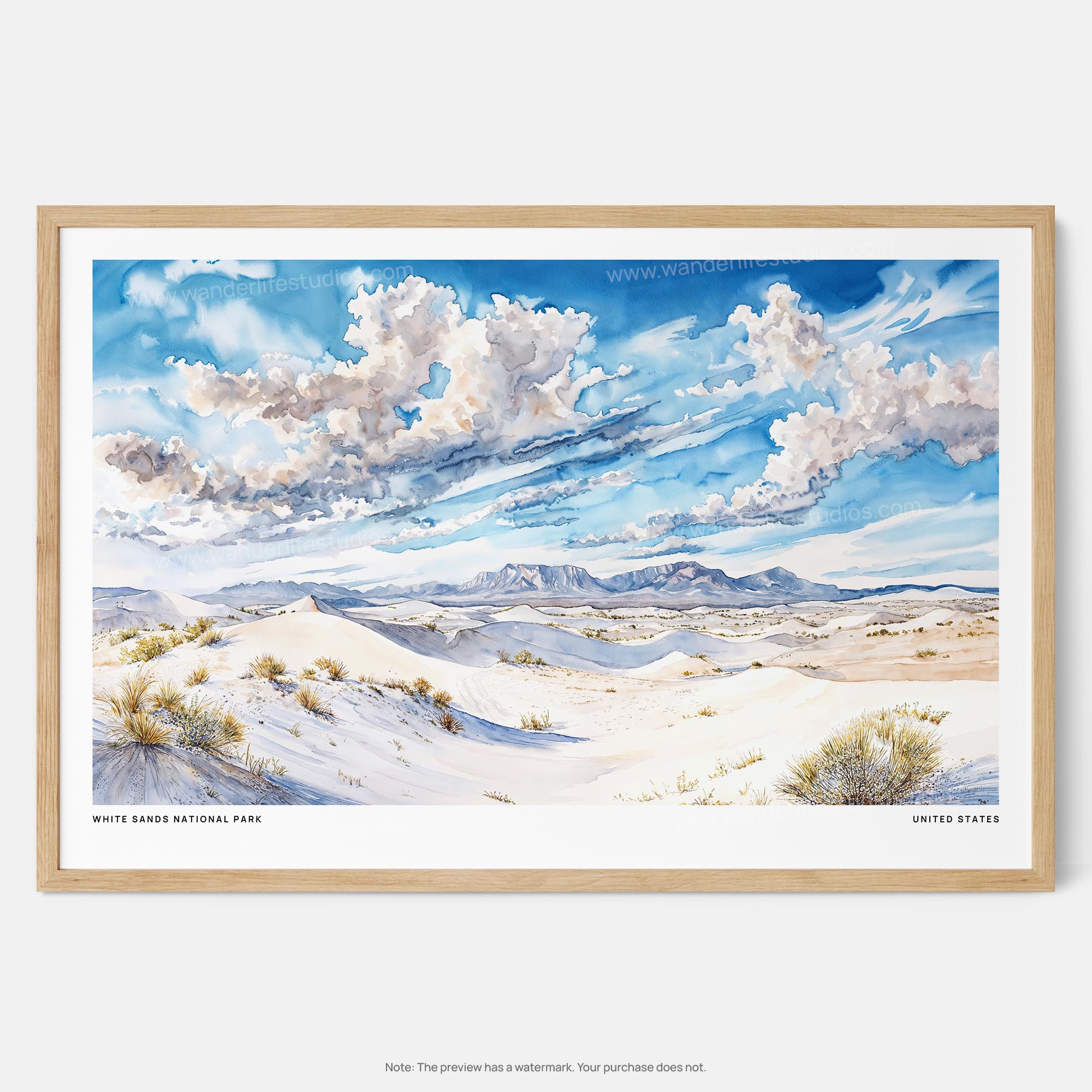 White Sands National Park Watercolor Art Print – Desert Landscape Wall Art