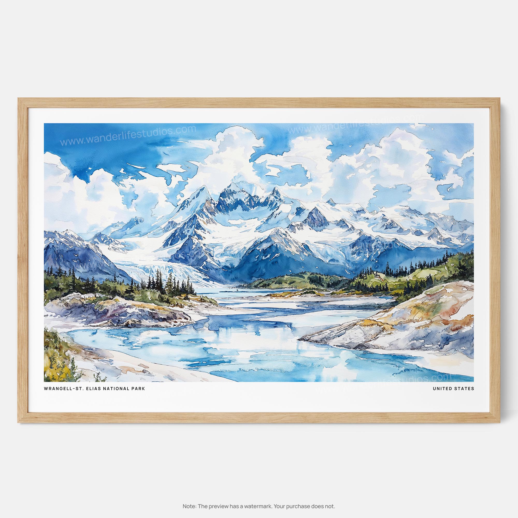 Wrangell–St. Elias National Park Watercolor Art Print – Majestic Mountain Landscape