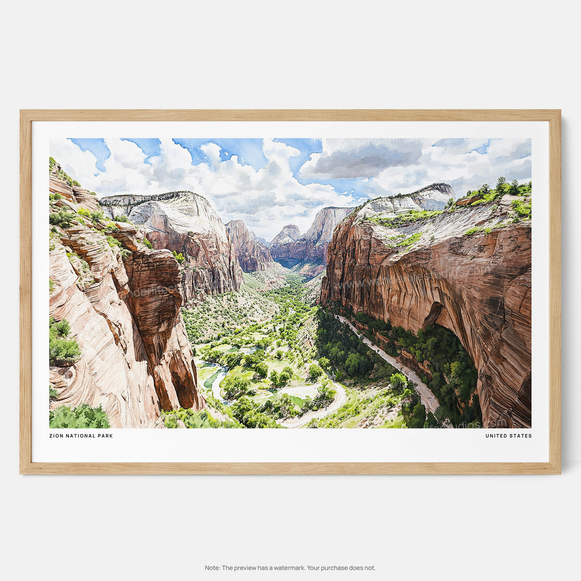Zion National Park Watercolor Art Print – Majestic Canyon Landscape