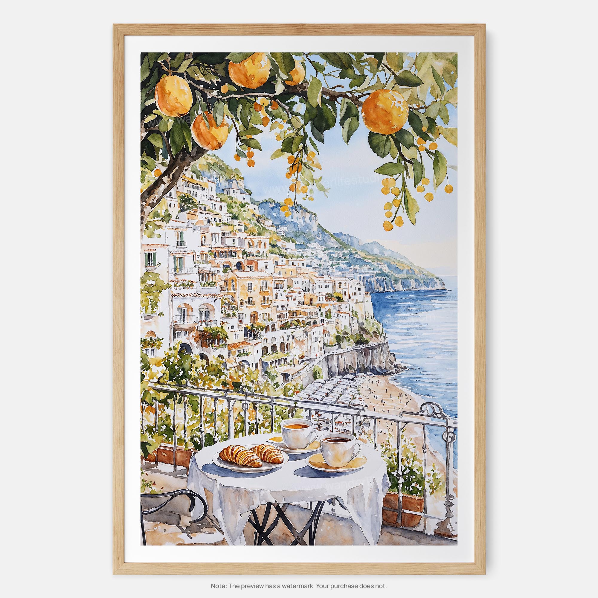 Amalfi Coast Watercolor Art Print – Coastal Italian Landscape Wall Art