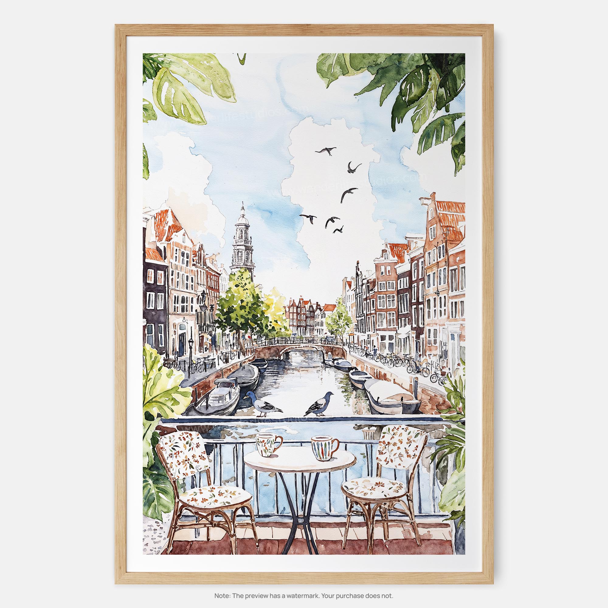 Morning Coffee in Amsterdam Watercolor Art Print – Charming Canal View Wall Art