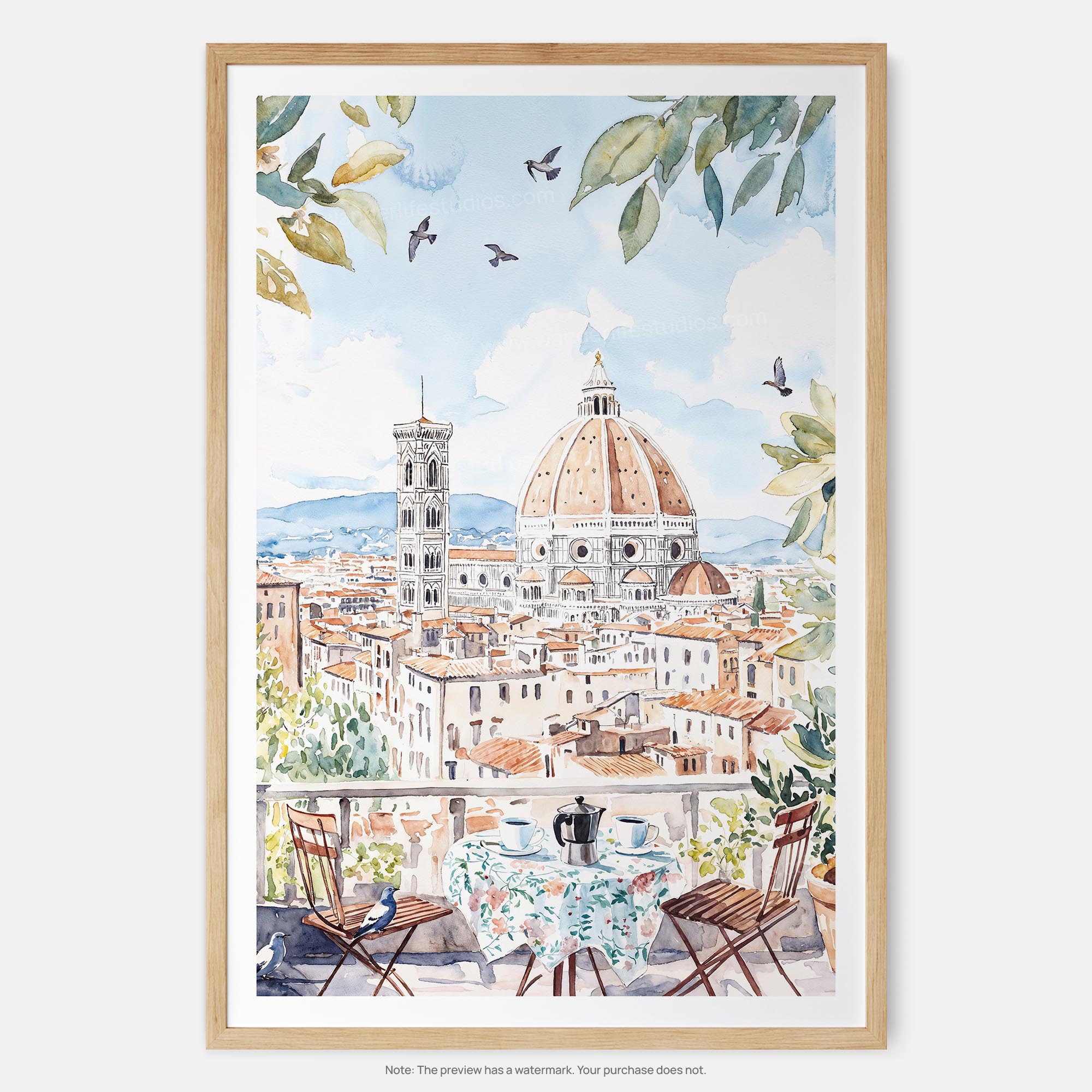 Mornning Coffee in Florence Watercolor Art Print – Captivating Italian Cityscape Wall Art