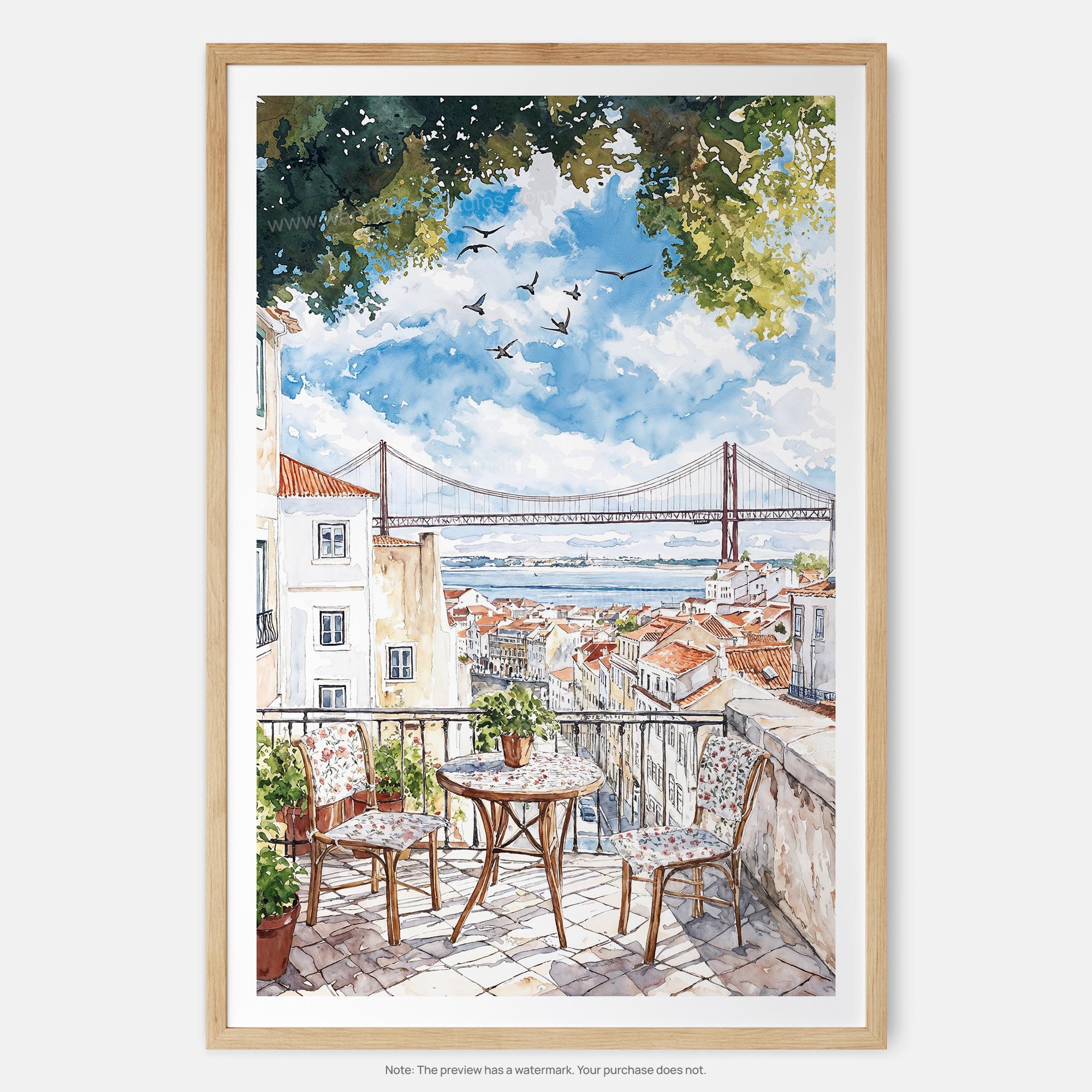 Morning Coffee Lisbon Watercolor Art Print – Charming Balcony View of the River and Bridge