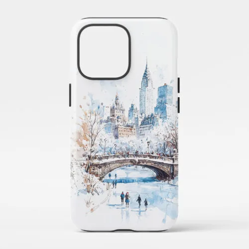 00 - White Christmas Central Park New York Watercolor Art Phone Case - Main.jpg
