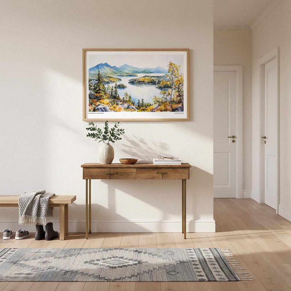 01 - A Framed Adirondack Mountains Watercolor - Horizontal Art Print hanging in Hallway.jpg 01 - A Framed Adirondack Mountains Watercolor - Horizontal Art Print hanging in Hallway.jpg