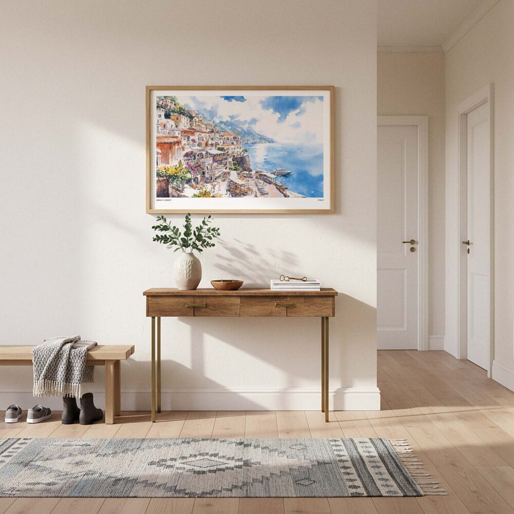 01 - A Framed Amalfi Coast Watercolor Art - Horizontal Art Print hanging in Hallway.jpg 01 - A Framed Amalfi Coast Watercolor Art - Horizontal Art Print hanging in Hallway.jpg