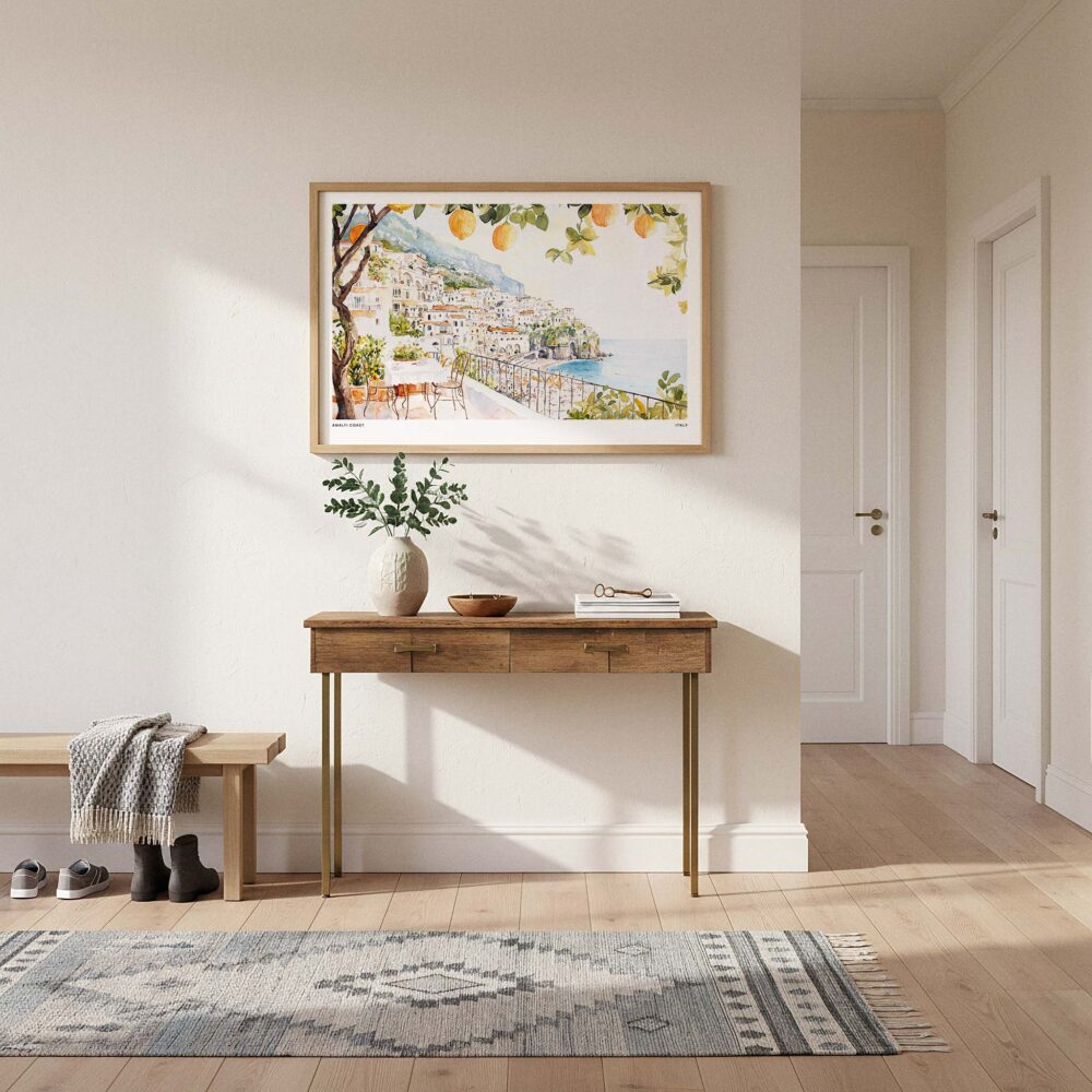 01 - A Framed Amalfi Coast with Lemon Trees Watercolor Art - Horizontal Art Print hanging in Hallway.jpg 01 - A Framed Amalfi Coast with Lemon Trees Watercolor Art - Horizontal Art Print hanging in Hallway.jpg