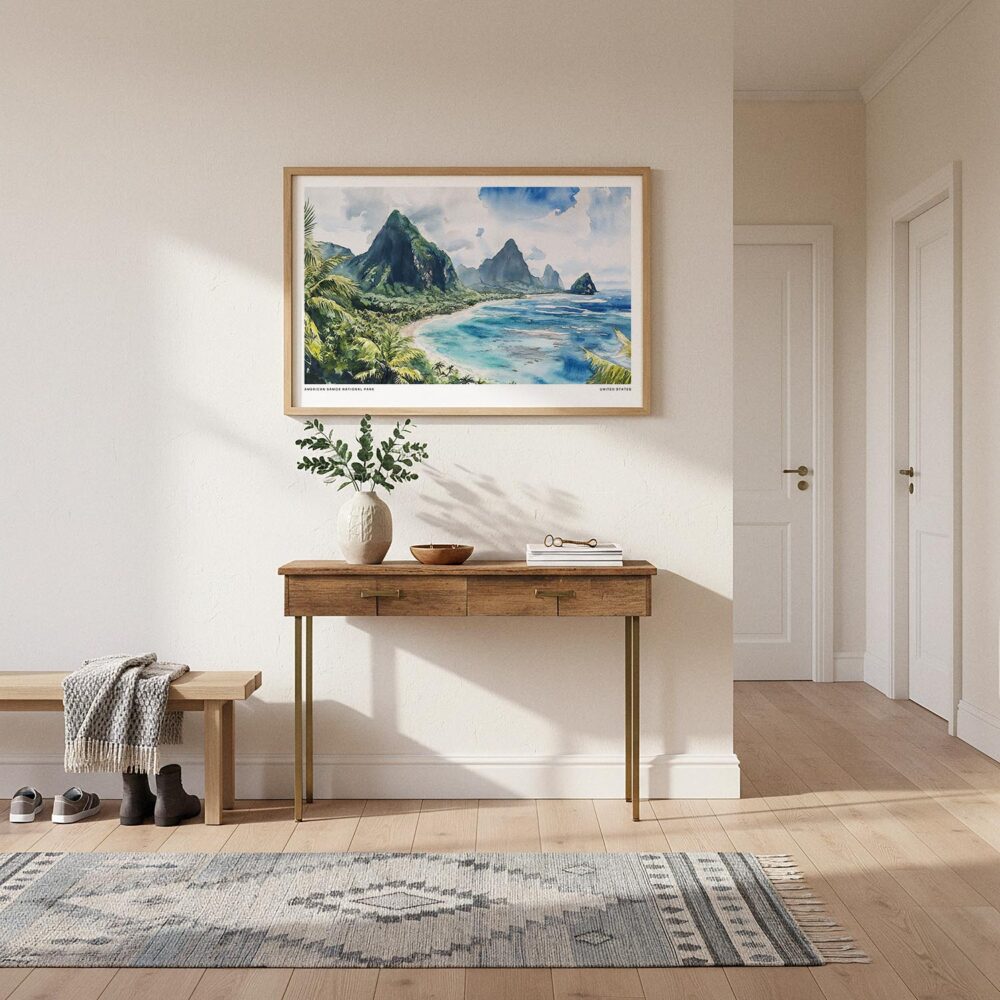 01 - A Framed American Samoa National Park Watercolor - Horizontal Art Print hanging in Hallway.jpg 01 - A Framed American Samoa National Park Watercolor - Horizontal Art Print hanging in Hallway.jpg