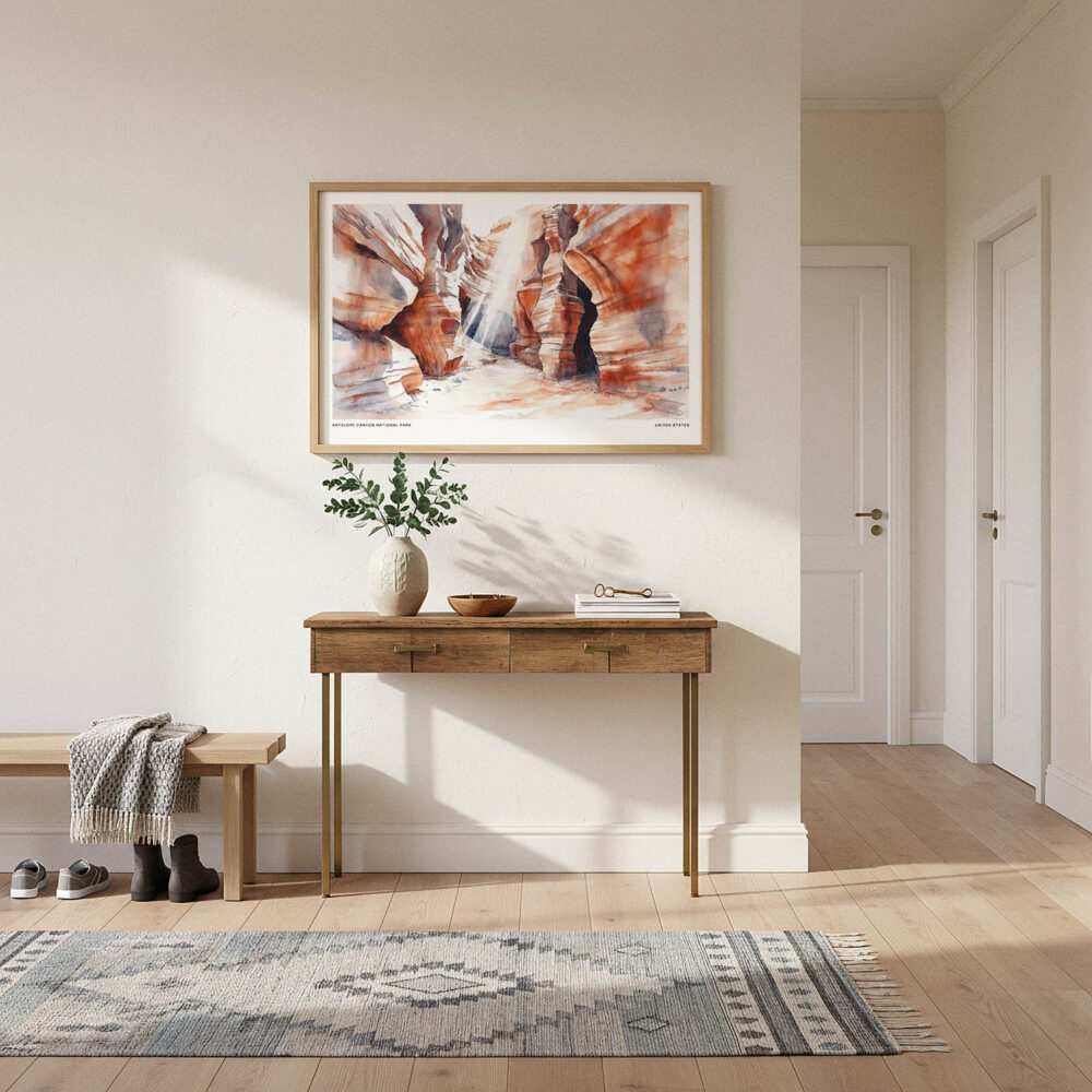 01 - A Framed Antelope Canyon National Park Watercolor - Horizontal Art Print hanging in Hallway.jpg 01 - A Framed Antelope Canyon National Park Watercolor - Horizontal Art Print hanging in Hallway.jpg