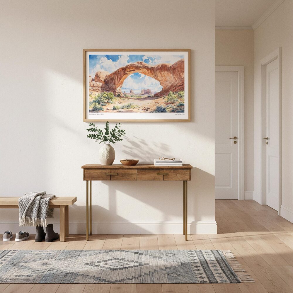 01 - A Framed Arches National Park Watercolor - Horizontal Art Print hanging in Hallway.jpg 01 - A Framed Arches National Park Watercolor - Horizontal Art Print hanging in Hallway.jpg