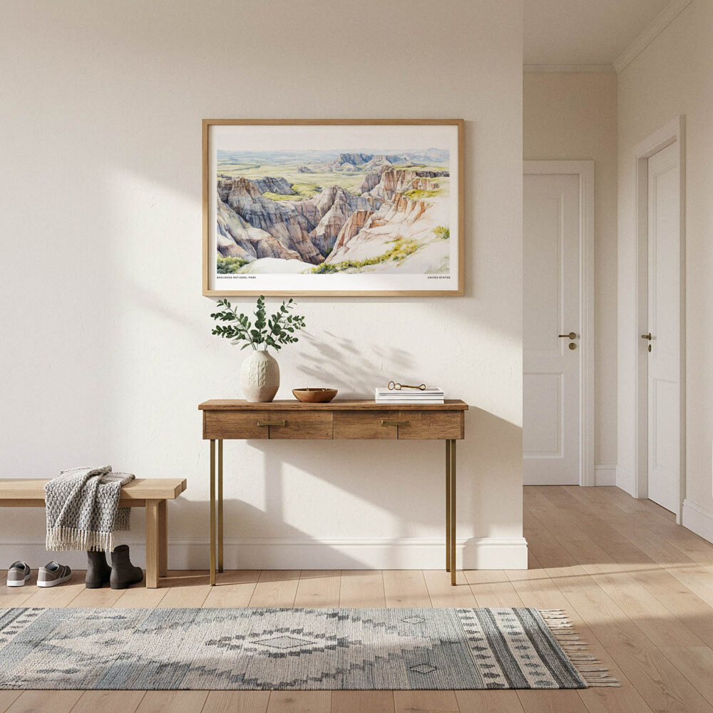 01 - A Framed Badlands National Park Watercolor - Horizontal Art Print hanging in Hallway.jpg 01 - A Framed Badlands National Park Watercolor - Horizontal Art Print hanging in Hallway.jpg