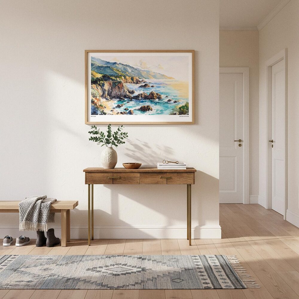 01 - A Framed Big Sur Watercolor - Horizontal Art Print hanging in Hallway.jpg 01 - A Framed Big Sur Watercolor - Horizontal Art Print hanging in Hallway.jpg