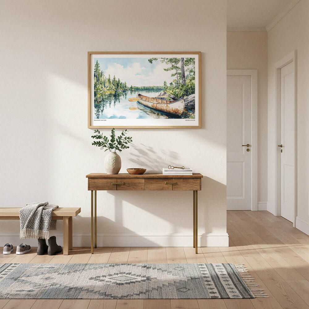 01 - A Framed Boundary Waters Watercolor - Horizontal Art Print hanging in Hallway.jpg 01 - A Framed Boundary Waters Watercolor - Horizontal Art Print hanging in Hallway.jpg