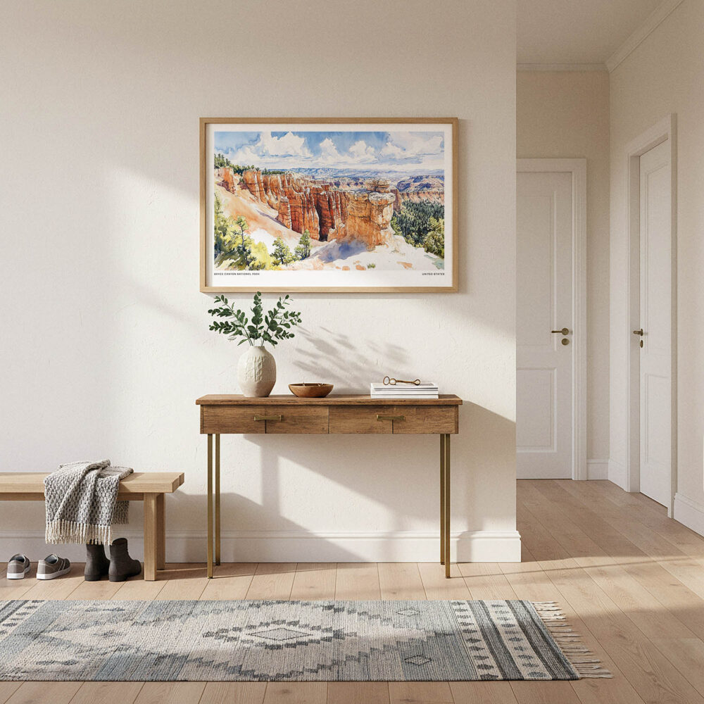 01 - A Framed Bryce Canyon National Park Watercolor - Horizontal Art Print hanging in Hallway.jpg 01 - A Framed Bryce Canyon National Park Watercolor - Horizontal Art Print hanging in Hallway.jpg