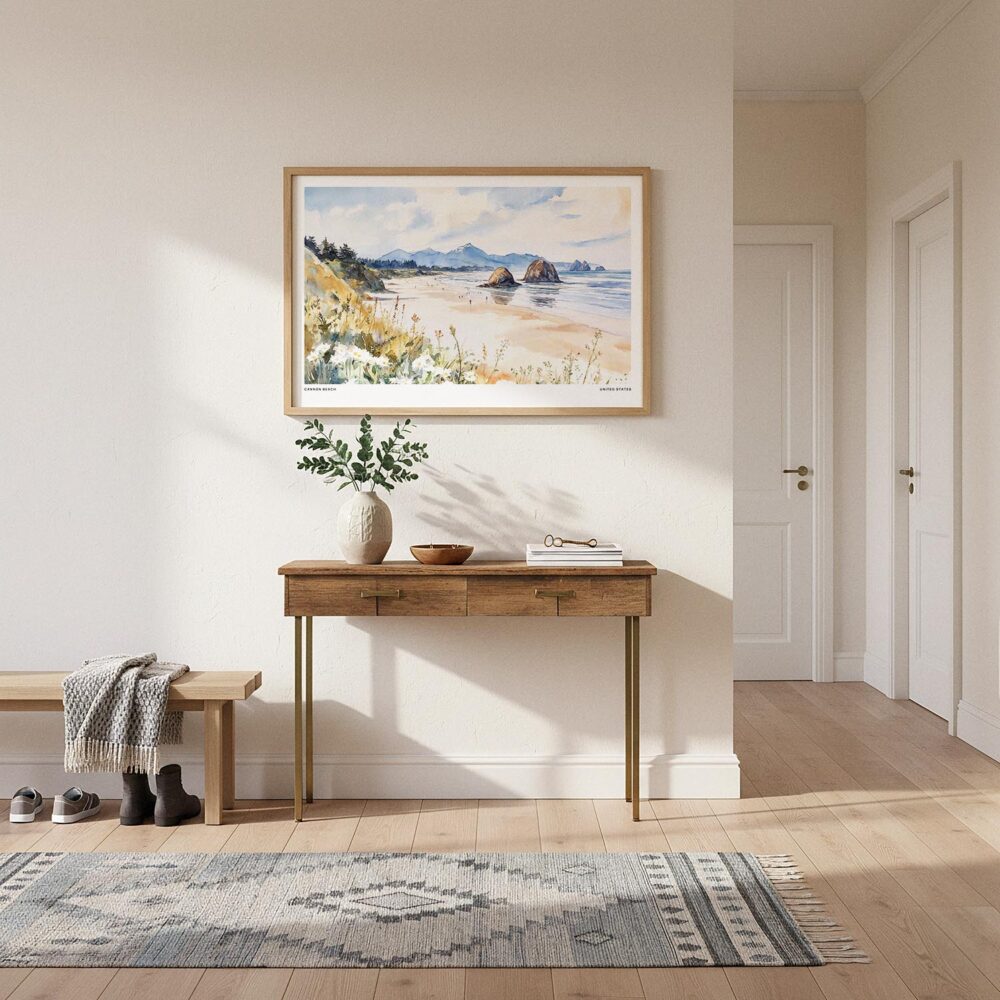 01 - A Framed Cannon Beach Watercolor - Horizontal Art Print hanging in Hallway.jpg 01 - A Framed Cannon Beach Watercolor - Horizontal Art Print hanging in Hallway.jpg