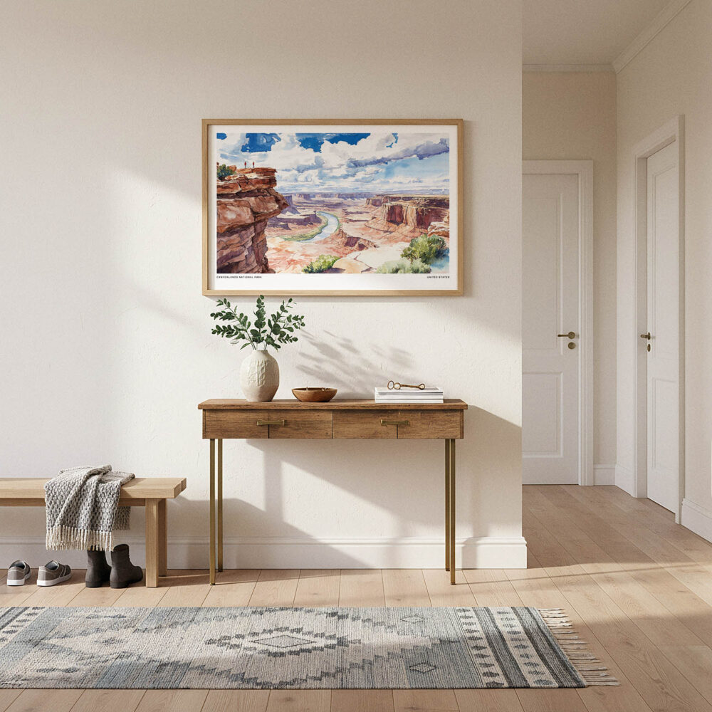 01 - A Framed Canyonlands National Park Watercolor - Horizontal Art Print hanging in Hallway.jpg 01 - A Framed Canyonlands National Park Watercolor - Horizontal Art Print hanging in Hallway.jpg