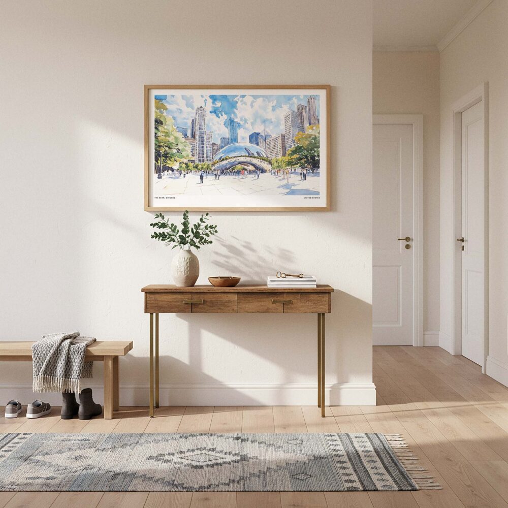 01 - A Framed Chicago Cloud Gate Watercolor Art - Horizontal Art Print hanging in Hallway.jpg 01 - A Framed Chicago Cloud Gate Watercolor Art - Horizontal Art Print hanging in Hallway.jpg