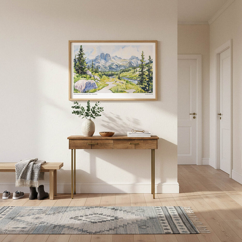 01 - A Framed Colorado Rocky Mountains National Park Watercolor - Horizontal Art Print hanging in Hallway.jpg 01 - A Framed Colorado Rocky Mountains National Park Watercolor - Horizontal Art Print hanging in Hallway.jpg