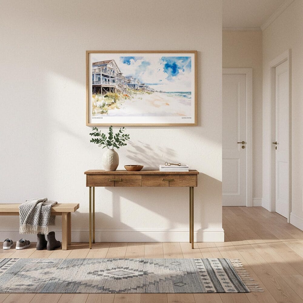 01 - A Framed Cottages at Outer Banks NC Watercolor - Horizontal Art Print hanging in Hallway.jpg 01 - A Framed Cottages at Outer Banks NC Watercolor - Horizontal Art Print hanging in Hallway.jpg