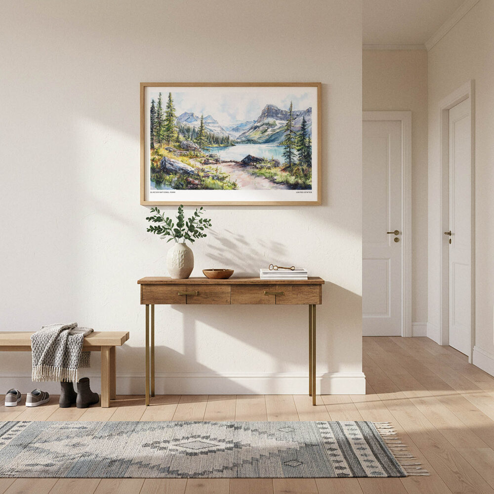 01 - A Framed Glacier National Park Watercolor - Horizontal Art Print hanging in Hallway.jpg 01 - A Framed Glacier National Park Watercolor - Horizontal Art Print hanging in Hallway.jpg