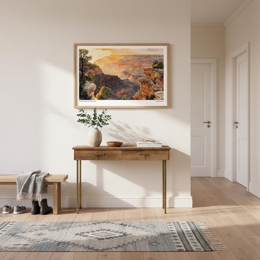 01 - A Framed Grand Canyon National Park Watercolor - Horizontal Art Print hanging in Hallway.jpg 01 - A Framed Grand Canyon National Park Watercolor - Horizontal Art Print hanging in Hallway.jpg