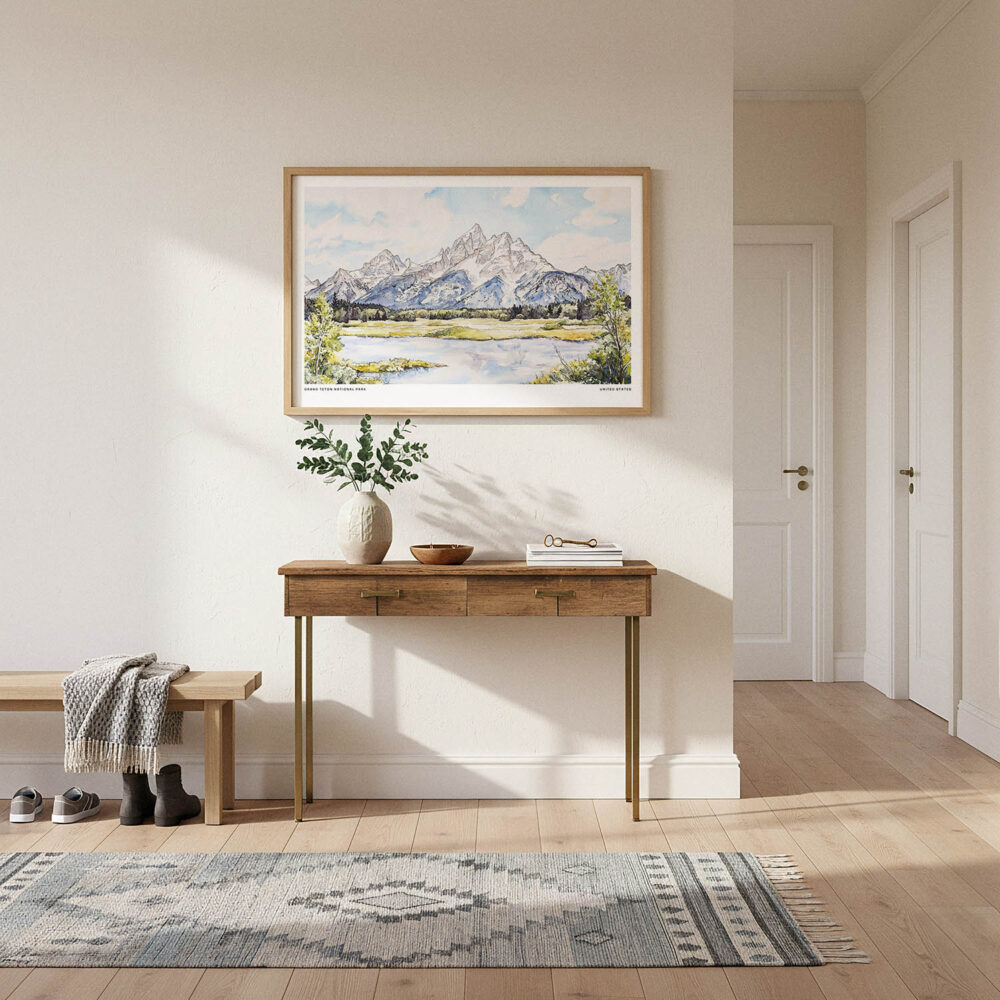01 - A Framed Grand Teton National Park Watercolor - Horizontal Art Print hanging in Hallway.jpg 01 - A Framed Grand Teton National Park Watercolor - Horizontal Art Print hanging in Hallway.jpg