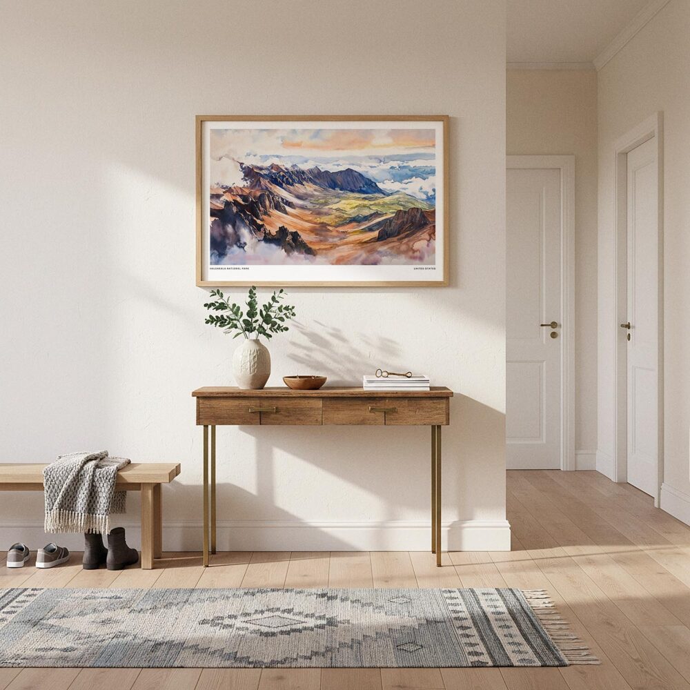 01 - A Framed Haleakala National Park Watercolor - Horizontal Art Print hanging in Hallway.jpg 01 - A Framed Haleakala National Park Watercolor - Horizontal Art Print hanging in Hallway.jpg