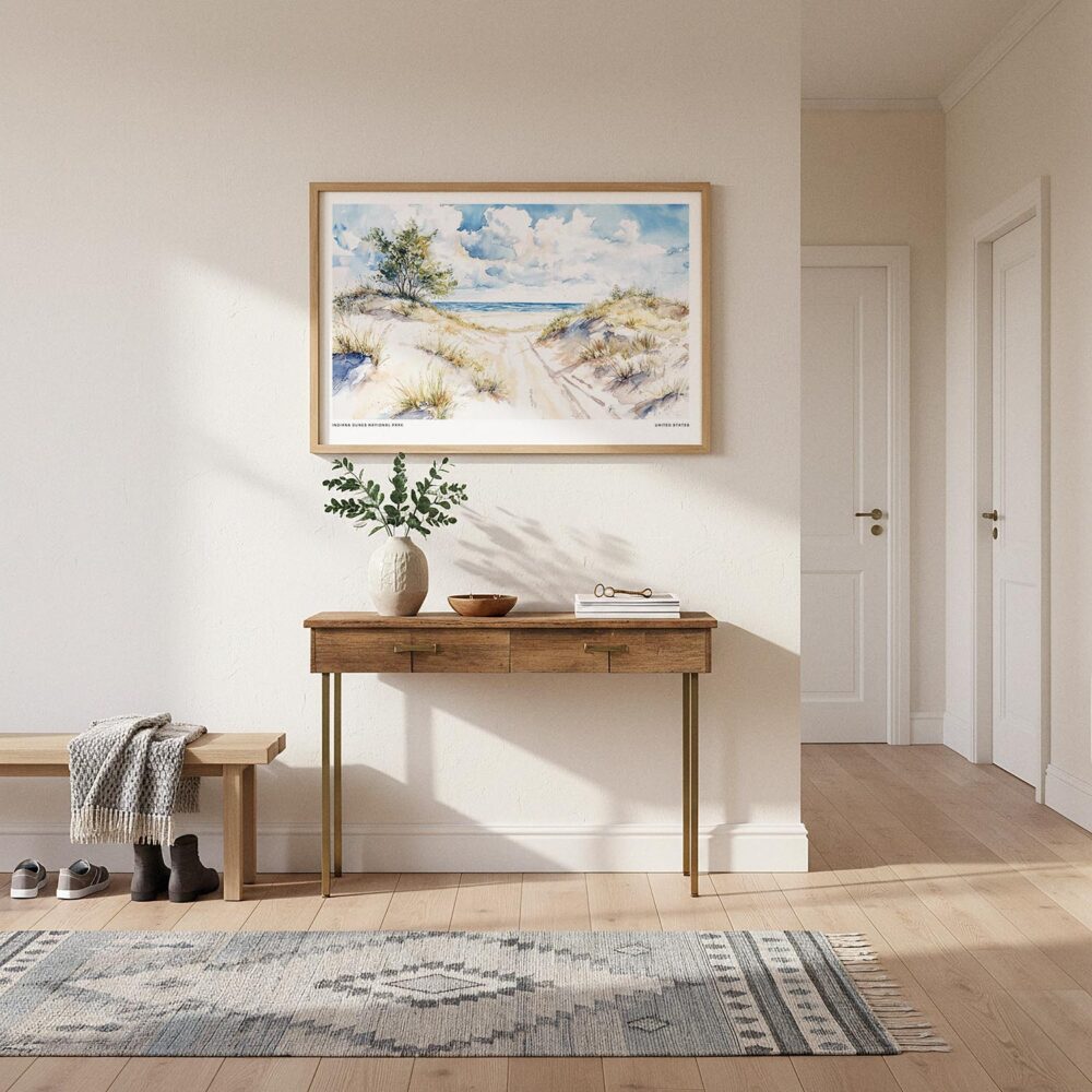 01 - A Framed Indiana Dunes National Park Watercolor - Horizontal Art Print hanging in Hallway.jpg 01 - A Framed Indiana Dunes National Park Watercolor - Horizontal Art Print hanging in Hallway.jpg