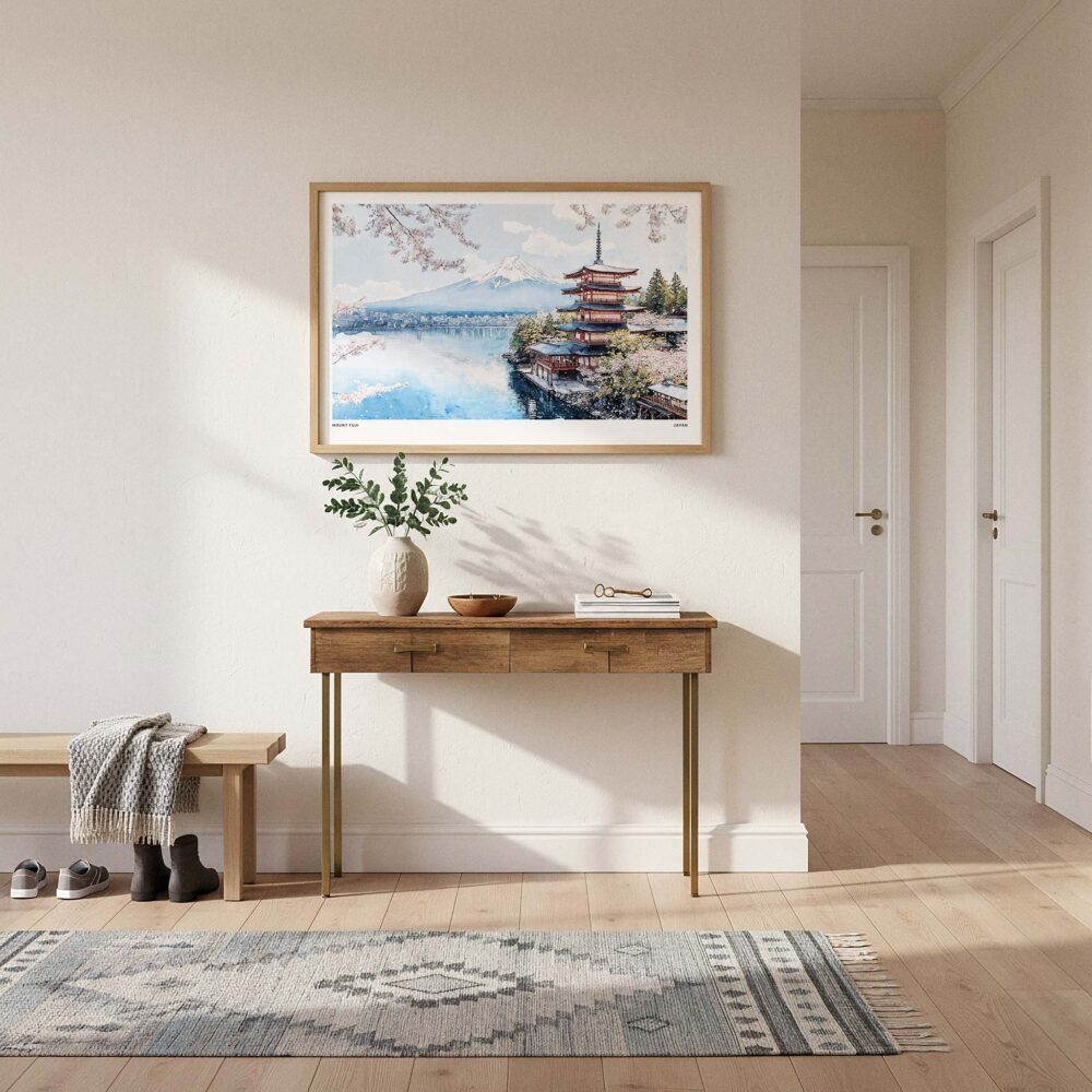 01 - A Framed Japan Mount Fuji Watercolor Art - Horizontal Art Print hanging in Hallway - Horizontal.jpg 01 - A Framed Japan Mount Fuji Watercolor Art - Horizontal Art Print hanging in Hallway - Horizontal.jpg