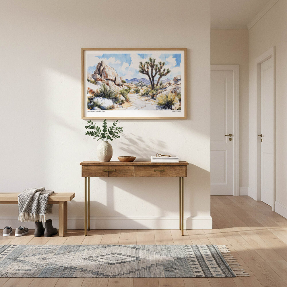 01 - A Framed Joshua Tree National Park Watercolor - Horizontal Art Print hanging in Hallway.jpg 01 - A Framed Joshua Tree National Park Watercolor - Horizontal Art Print hanging in Hallway.jpg